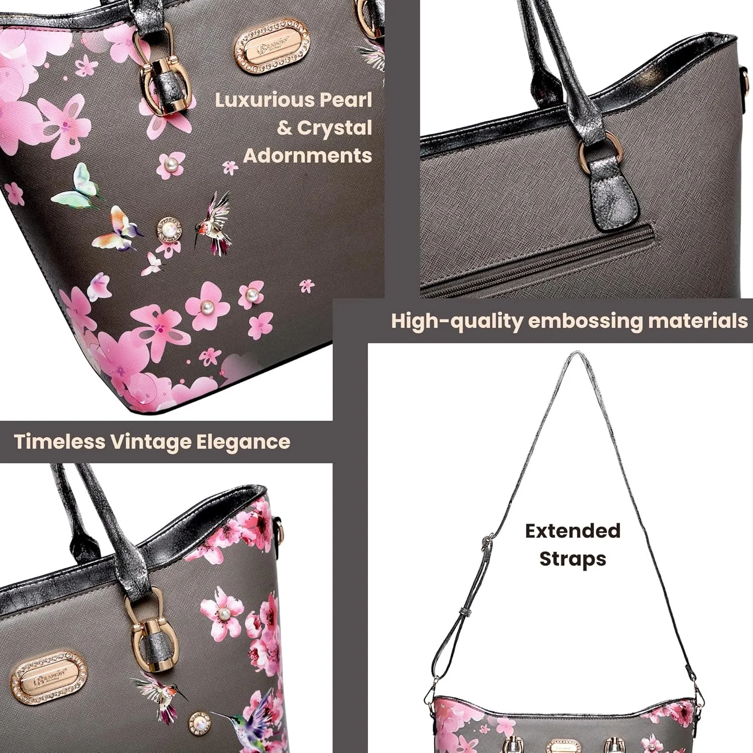 Twilight Garden Crystal-Embellished Floral Designer Tote Bag with Adjustable Shoulder Strap