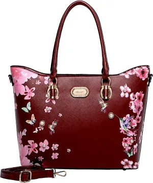 Twilight Garden Crystal-Embellished Floral Designer Tote Bag with Adjustable Shoulder Strap