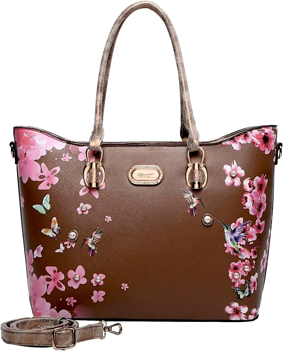 Twilight Garden Crystal-Embellished Floral Designer Tote Bag with Adjustable Shoulder Strap