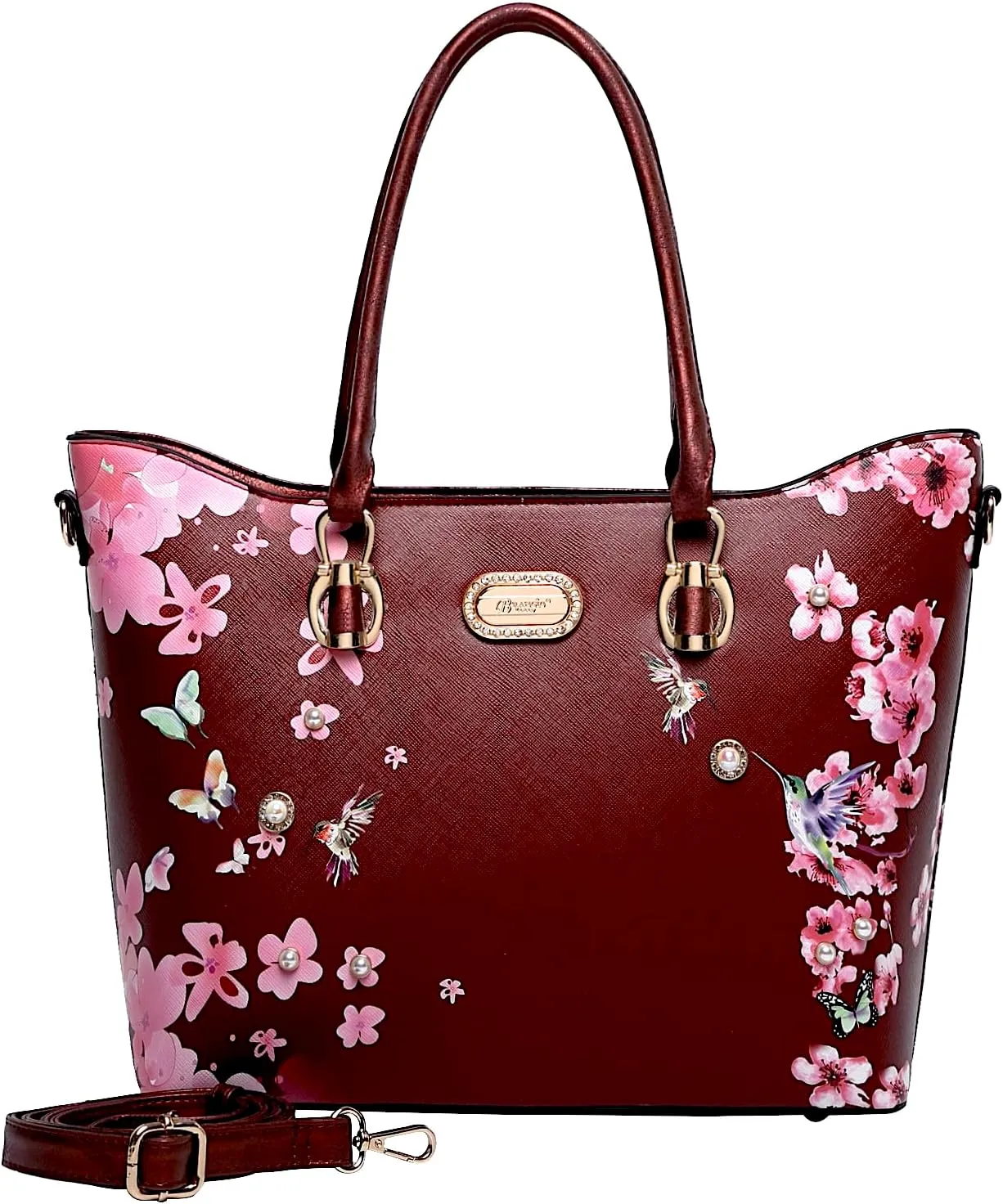 Twilight Garden Crystal-Embellished Floral Designer Tote Bag with Adjustable Shoulder Strap