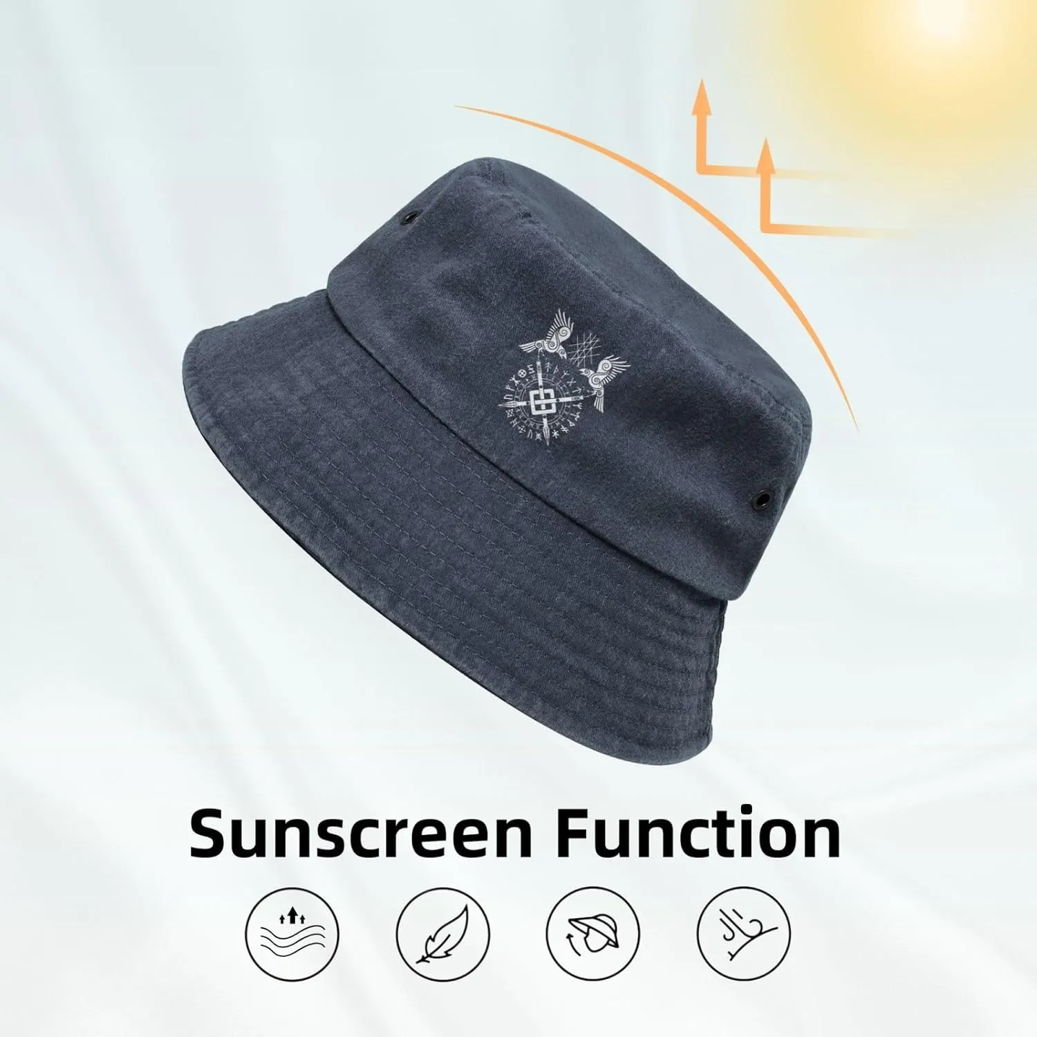 Twin Ravens of Odin Norse Pagan Symbol Bucket Hat Outdoor Sun Protection Denim Bucket Hat for Men Women Black