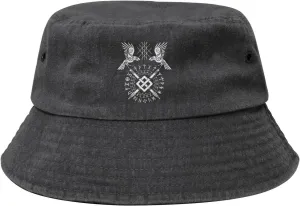 Twin Ravens of Odin Norse Pagan Symbol Bucket Hat Outdoor Sun Protection Denim Bucket Hat for Men Women Black