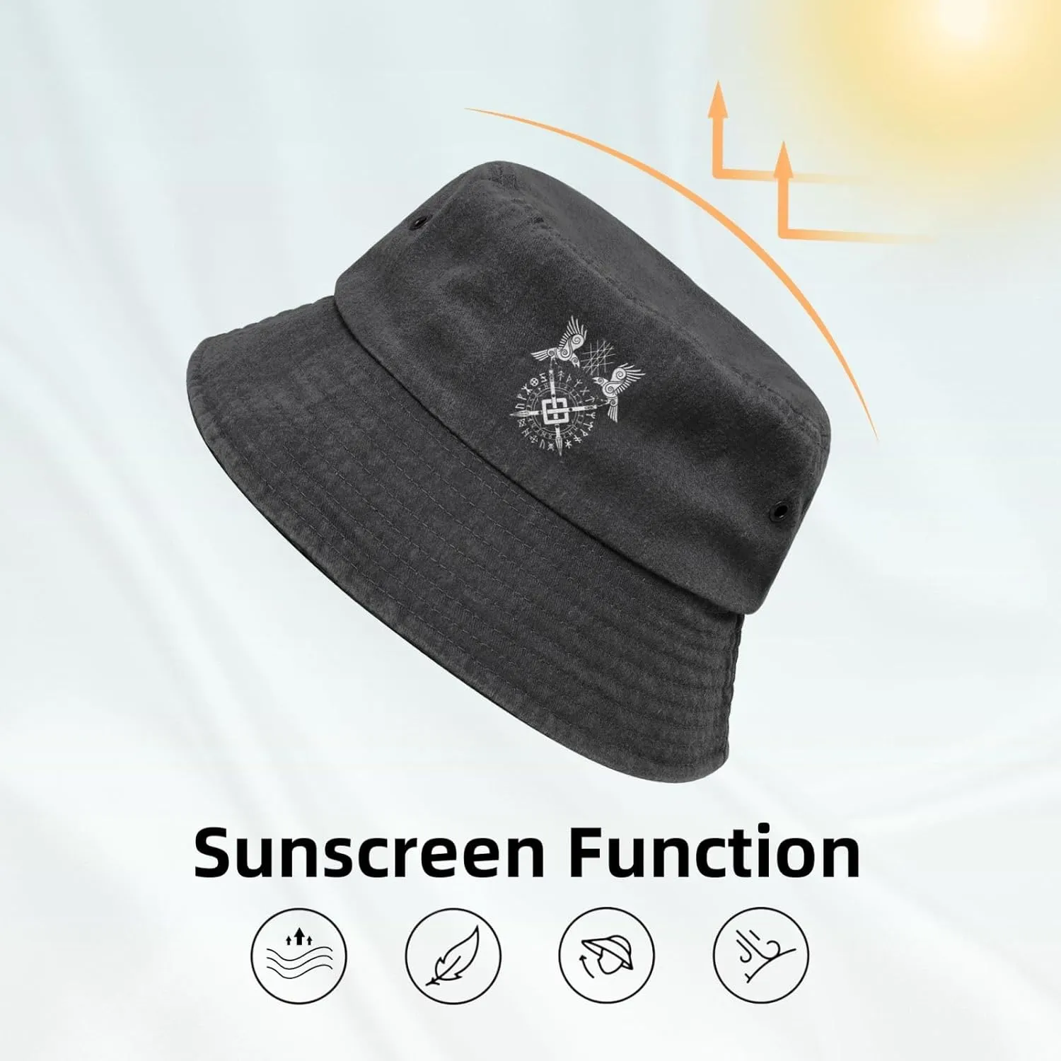 Twin Ravens of Odin Norse Pagan Symbol Bucket Hat Outdoor Sun Protection Denim Bucket Hat for Men Women Black
