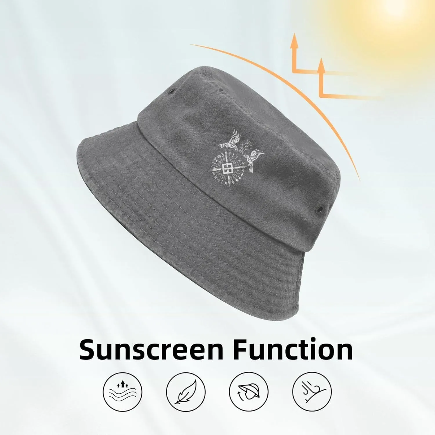Twin Ravens of Odin Norse Pagan Symbol Bucket Hat Outdoor Sun Protection Denim Bucket Hat for Men Women Black