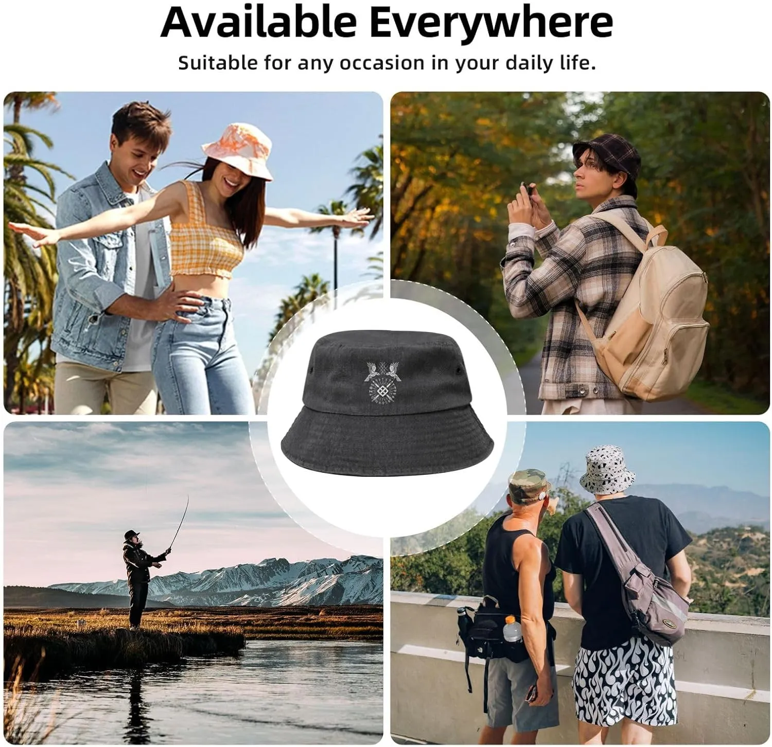 Twin Ravens of Odin Norse Pagan Symbol Bucket Hat Outdoor Sun Protection Denim Bucket Hat for Men Women Black