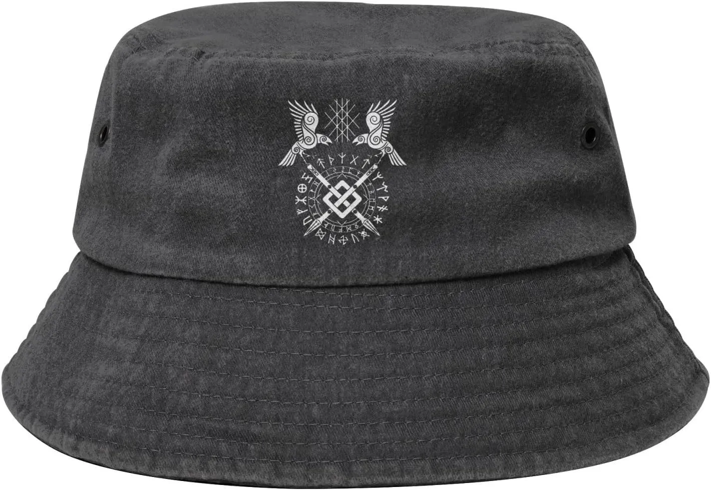 Twin Ravens of Odin Norse Pagan Symbol Bucket Hat Outdoor Sun Protection Denim Bucket Hat for Men Women Black
