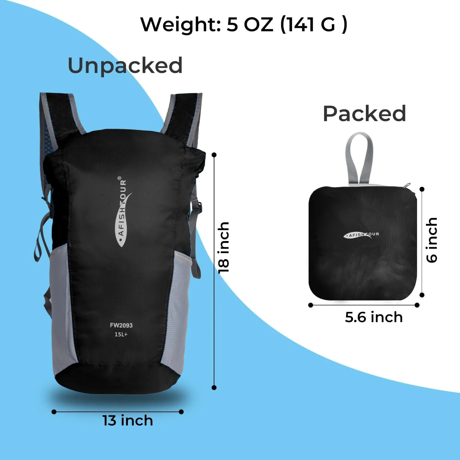 Ultralight Water Resistant Backpack for Men & Women, 15L Packable Hiking Daypack, Roll Top Closure Small Dry Bag Backpack for Cycling, Camping,Skiing, Boating (Black)
