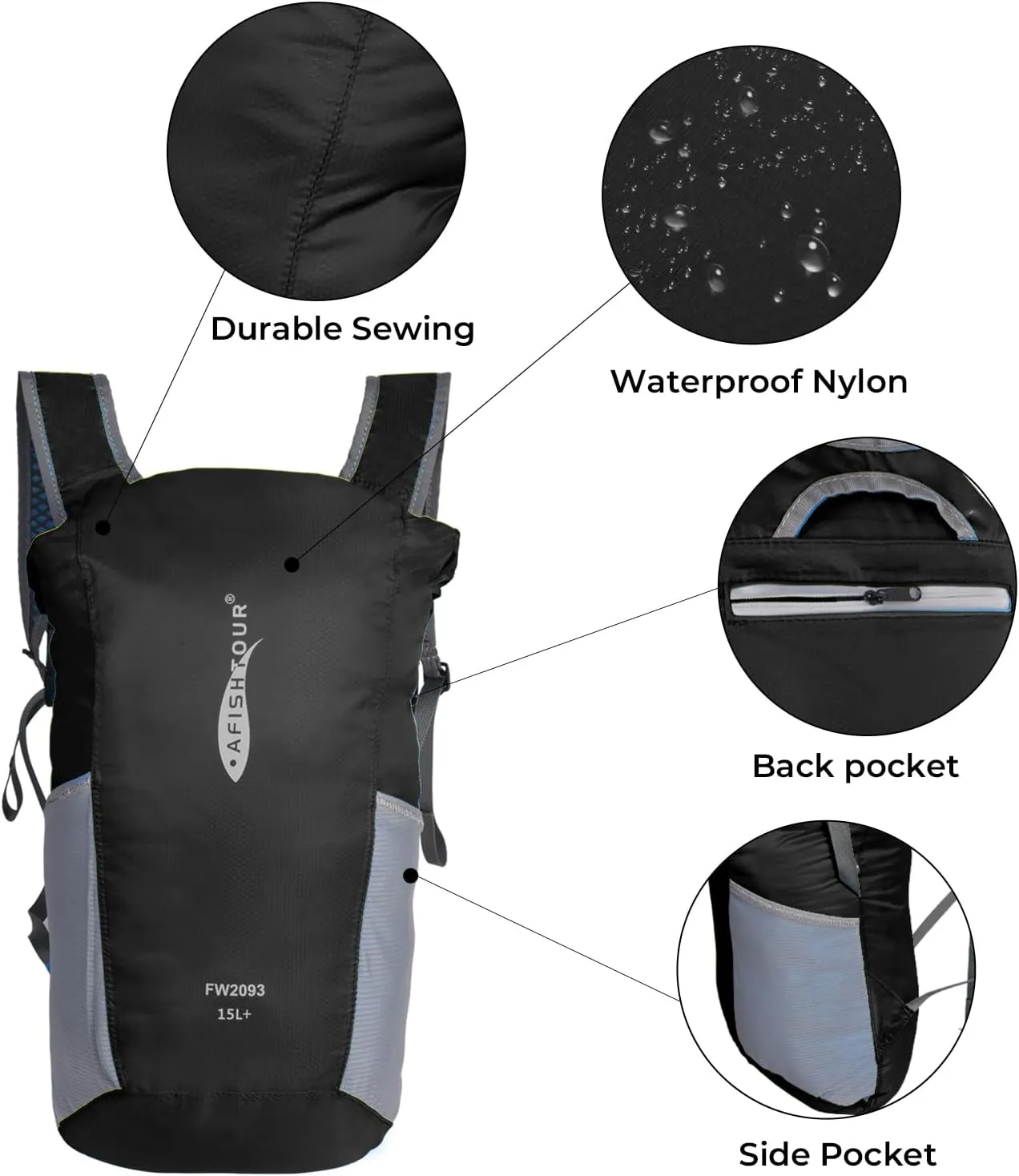 Ultralight Water Resistant Backpack for Men & Women, 15L Packable Hiking Daypack, Roll Top Closure Small Dry Bag Backpack for Cycling, Camping,Skiing, Boating (Black)