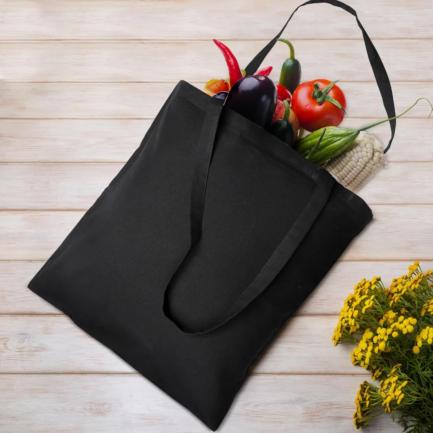 Urban Villa 12 Pack Reusable Grocery Bags 15’’x16’’ with 27’’ long Handle Black Color 100% Cotton Tote Bags Medium Weight Grocery Shopping Cloth Bags Great Choice for Promotion Gift DIY Advertising