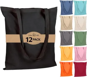 Urban Villa 12 Pack Reusable Grocery Bags 15’’x16’’ with 27’’ long Handle Black Color 100% Cotton Tote Bags Medium Weight Grocery Shopping Cloth Bags Great Choice for Promotion Gift DIY Advertising