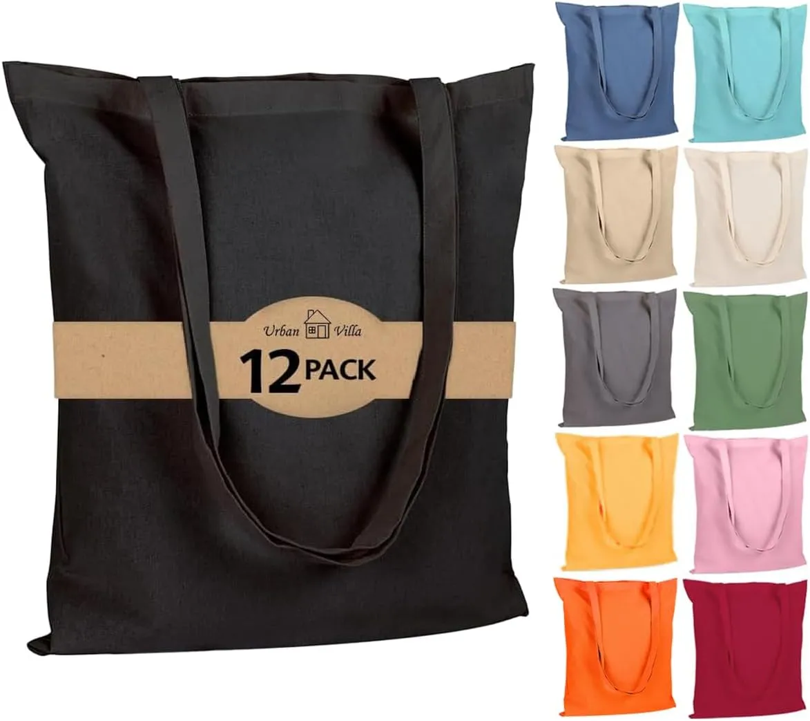 Urban Villa 12 Pack Reusable Grocery Bags 15’’x16’’ with 27’’ long Handle Black Color 100% Cotton Tote Bags Medium Weight Grocery Shopping Cloth Bags Great Choice for Promotion Gift DIY Advertising