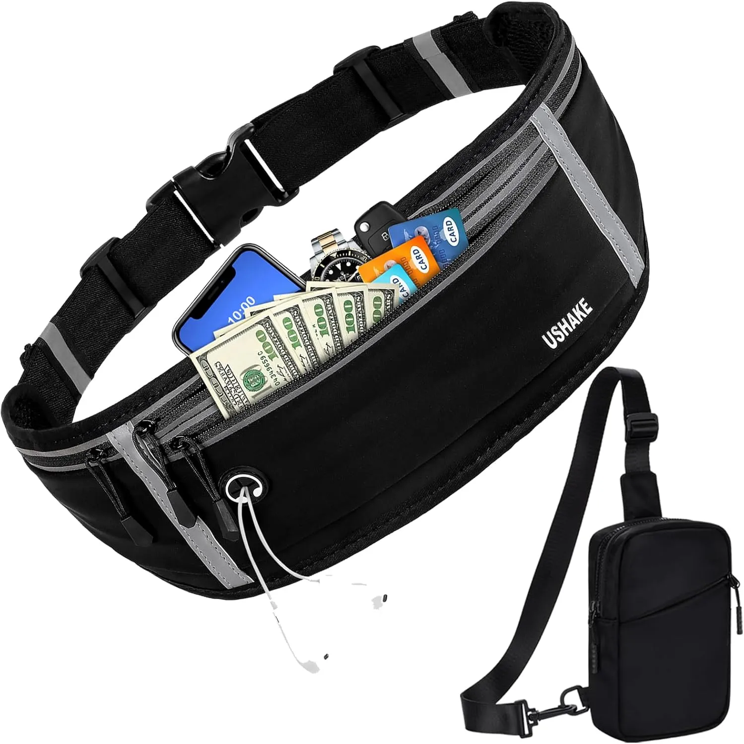 USHAKE Active Gear Combo: Slim Running Belt & Mini Sling Bag - Universal Workout Fanny Pack and Crossbody Chest Bag for Men and Women