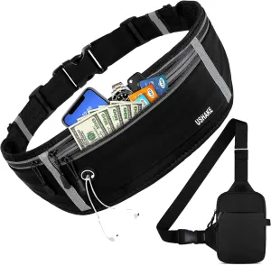 USHAKE Active Gear Combo: Slim Running Belt & Mini Sling Bag - Workout Fanny Pack, Crossbody Chest Bag for Men & Women, Ideal for iPhone, Hiking, Travel, and Gym