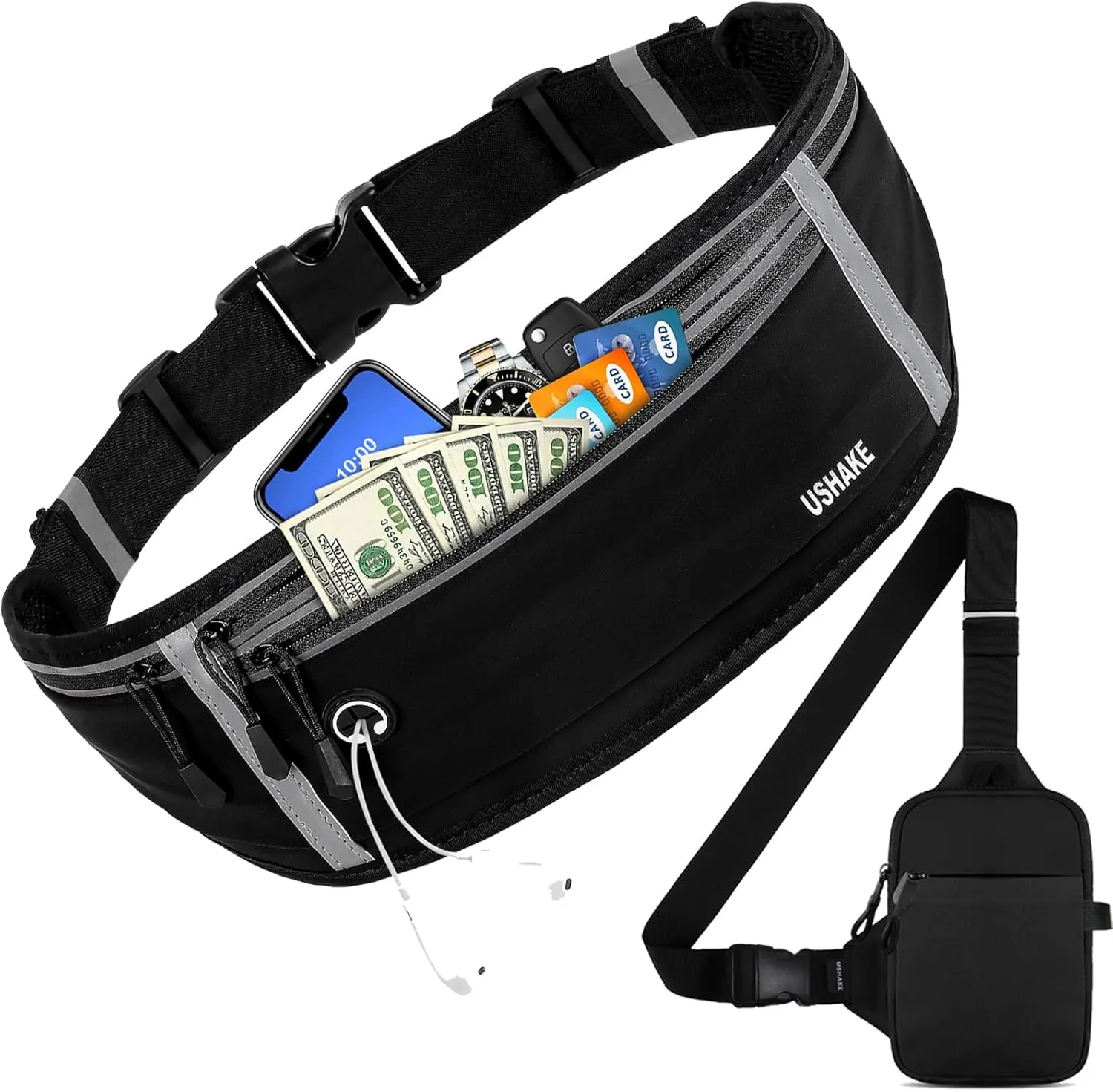 USHAKE Active Gear Combo: Slim Running Belt & Mini Sling Bag - Workout Fanny Pack, Crossbody Chest Bag for Men & Women, Ideal for iPhone, Hiking, Travel, and Gym