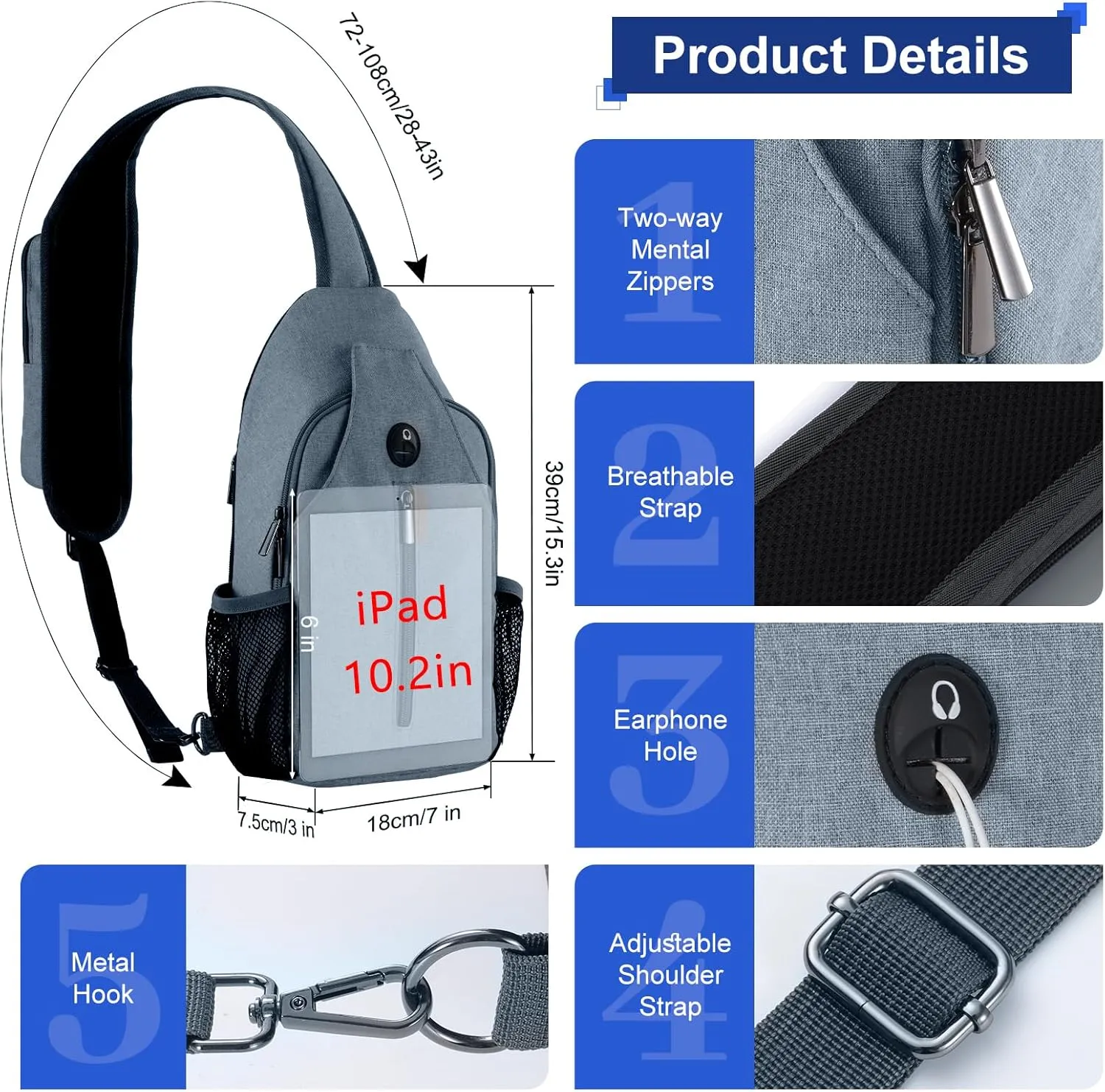 VADOO Sling Backpack with RFID Blocking and Phone Holder on Strap for Men Women Crossbody Chest Bag for Travel Hiking