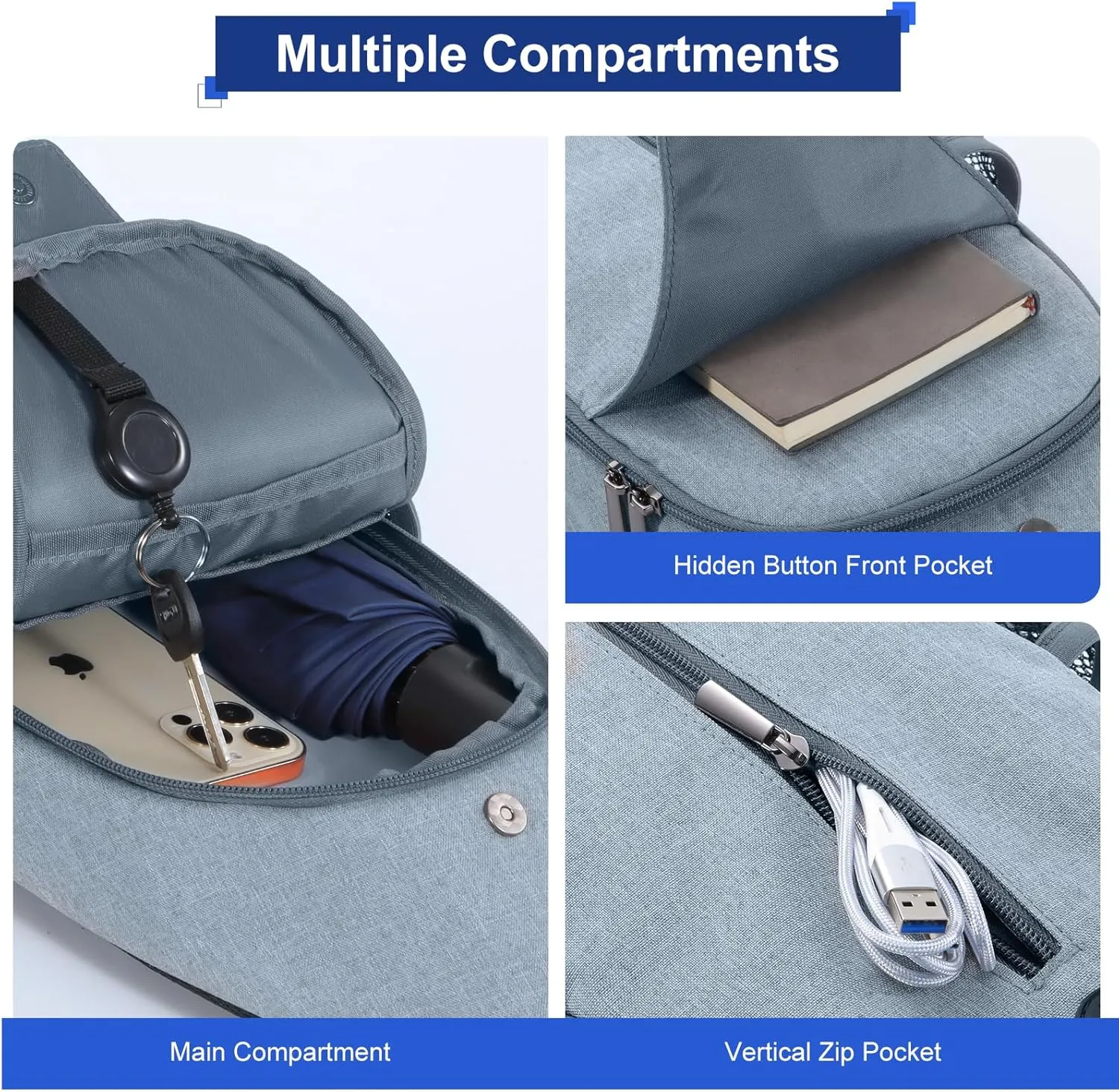 VADOO Sling Backpack with RFID Blocking and Phone Holder on Strap for Men Women Crossbody Chest Bag for Travel Hiking