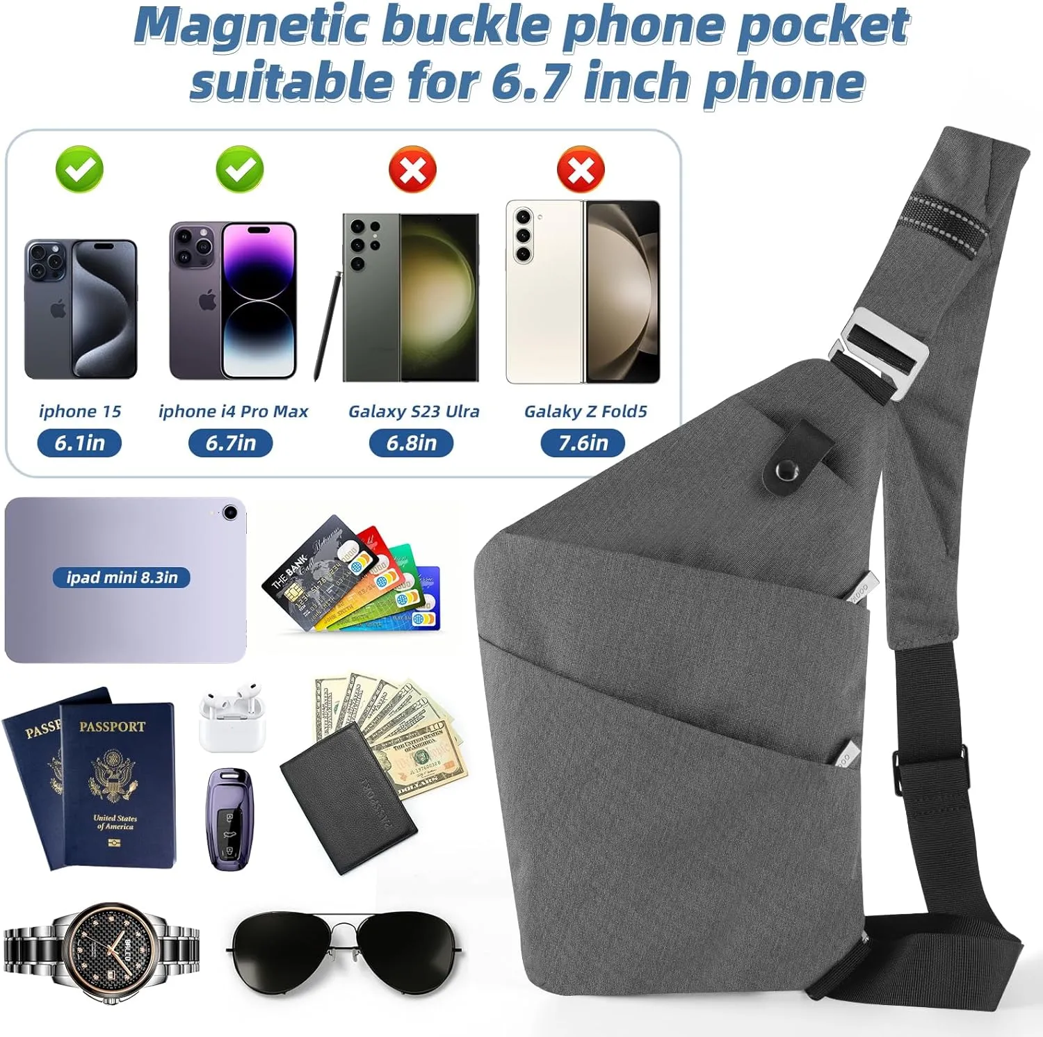 VADOO Sling Bag - Anti-theft Crossbody Shoulder Bag for Men and Women