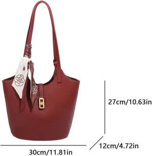Vegan Leather Bucket Bags for Women Trendy Vintage Hobo Bag Designer Handbags for Women Tote Shoulder Bag with Silk Pouch