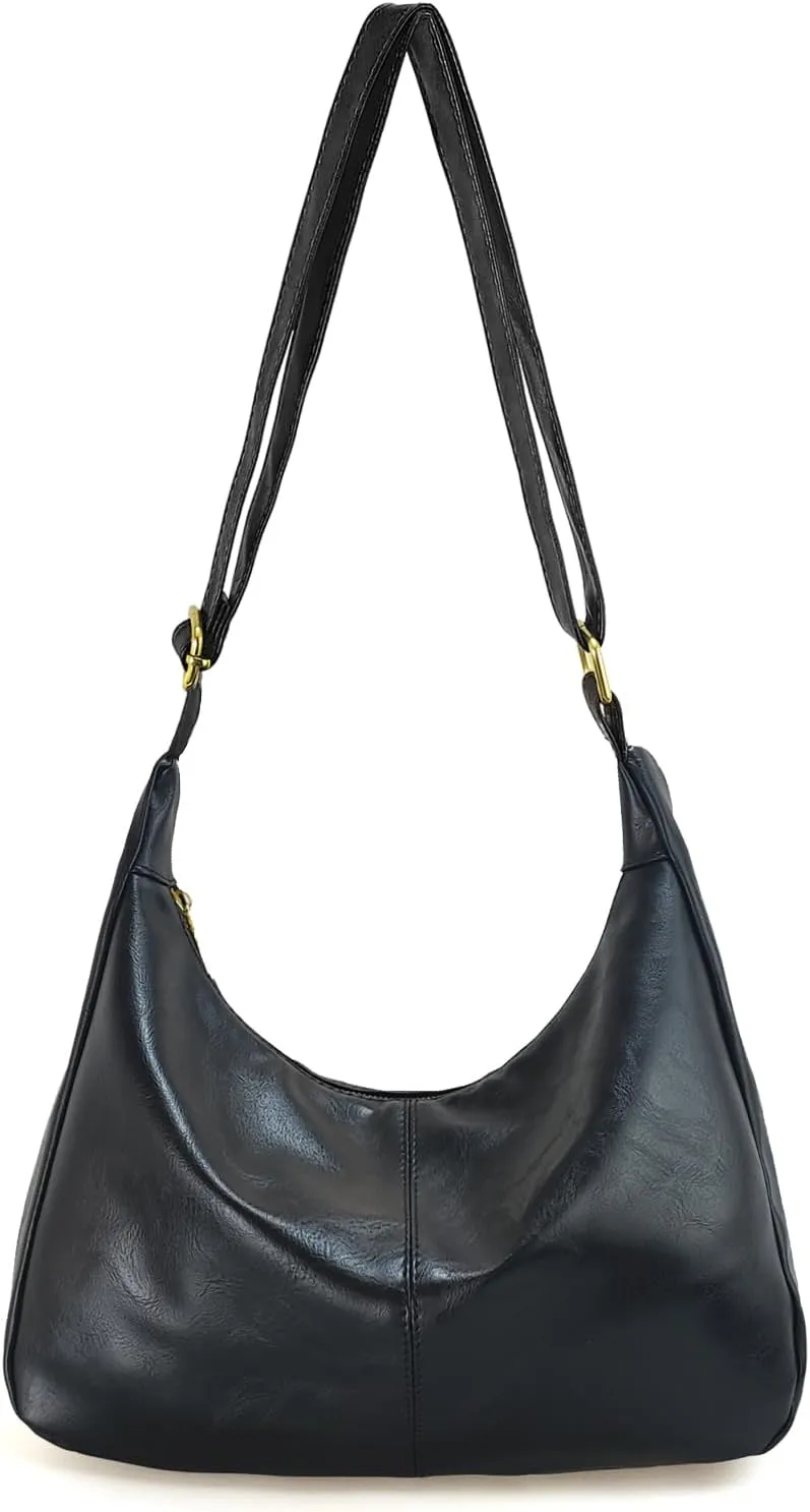 Vegan Leather Hobo Bags for Women Soft Slouchy Shoulder Handbag Zipper Work Tote Travel Purses
