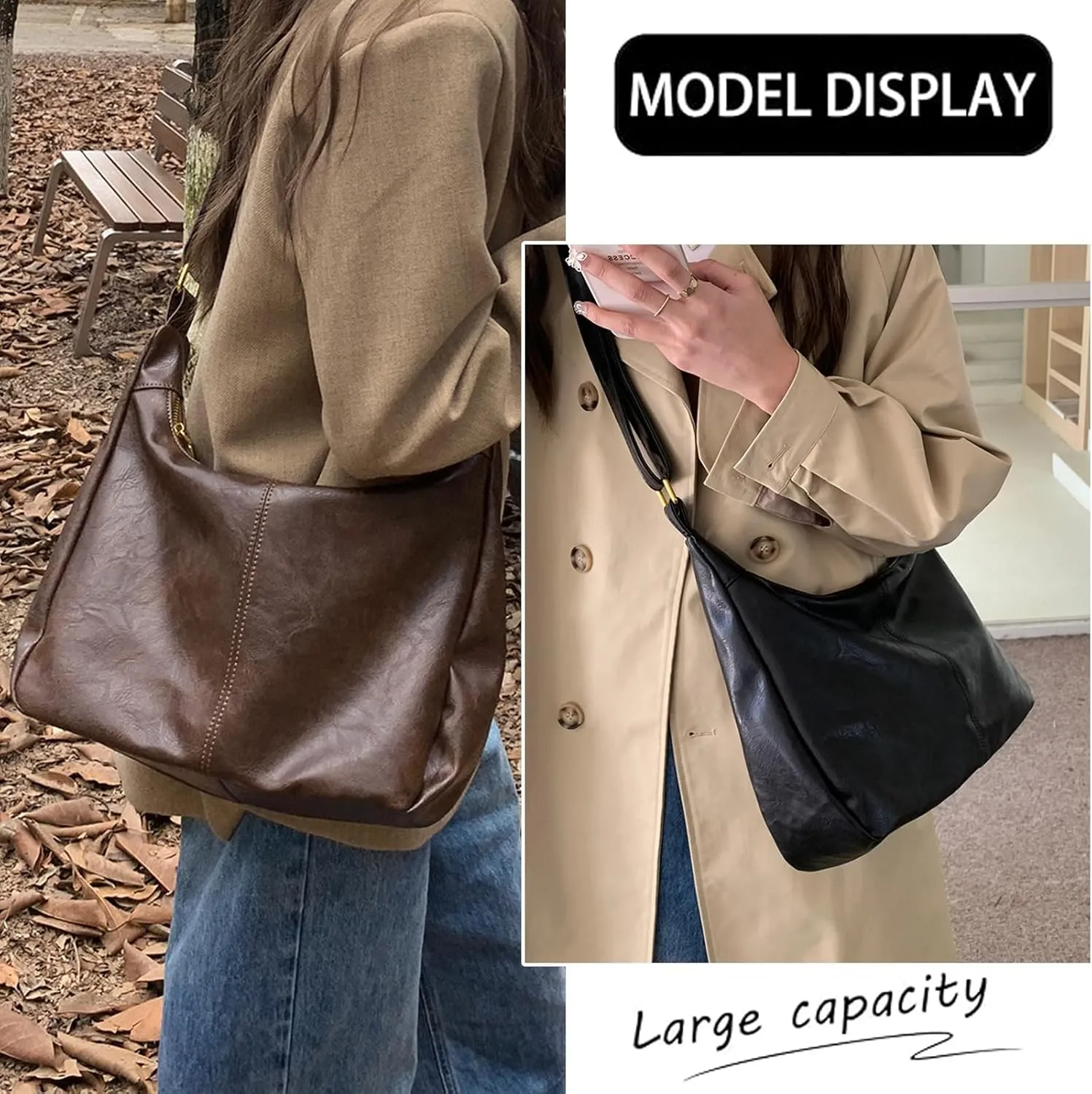 Vegan Leather Hobo Bags for Women Soft Slouchy Shoulder Handbag Zipper Work Tote Travel Purses