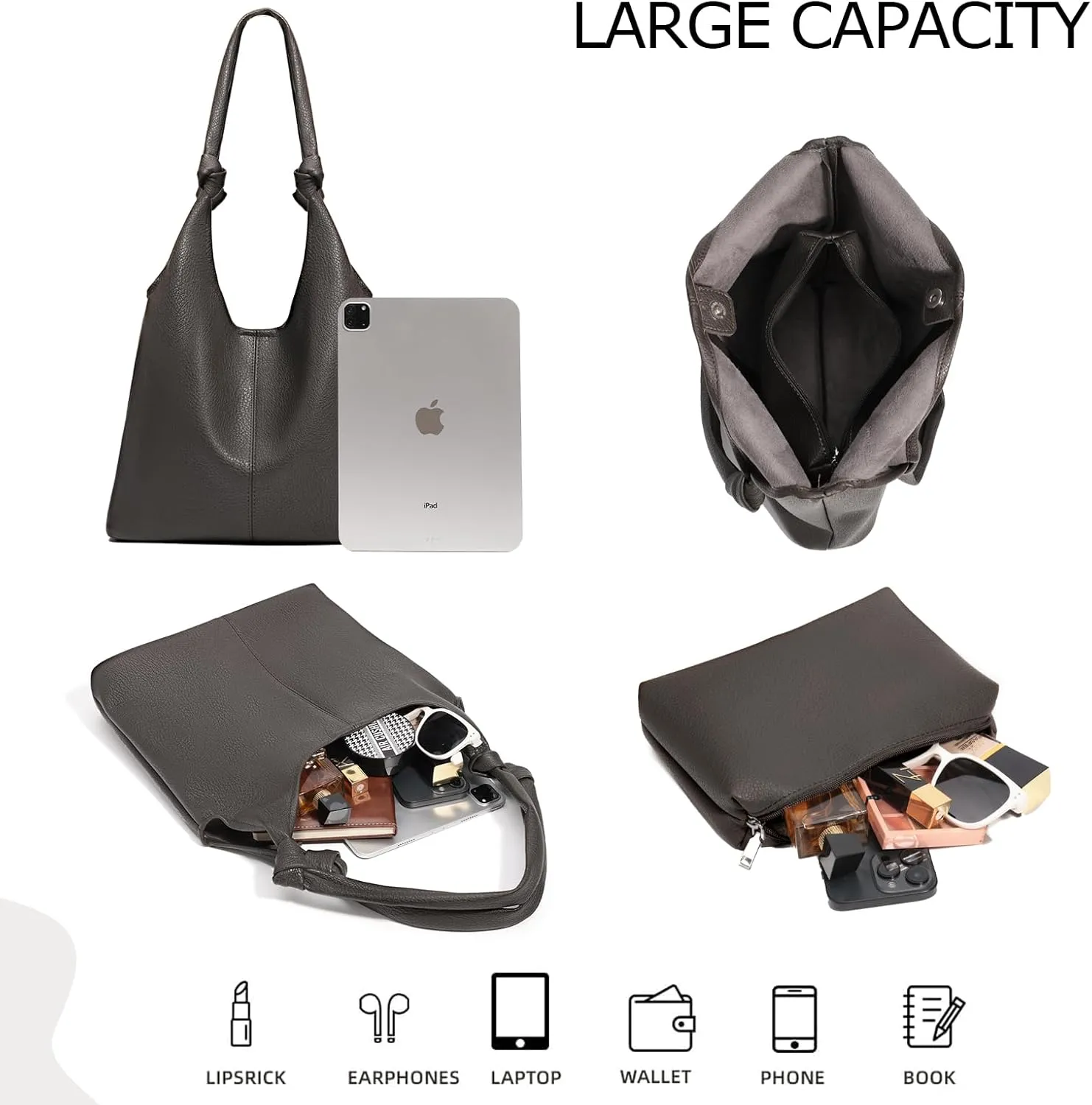 Vegan Leather Hobo Purses set, Slouchy Shoulder Bag Knotted Hobo Bags for Women with a small Purse and Clutch Handbag