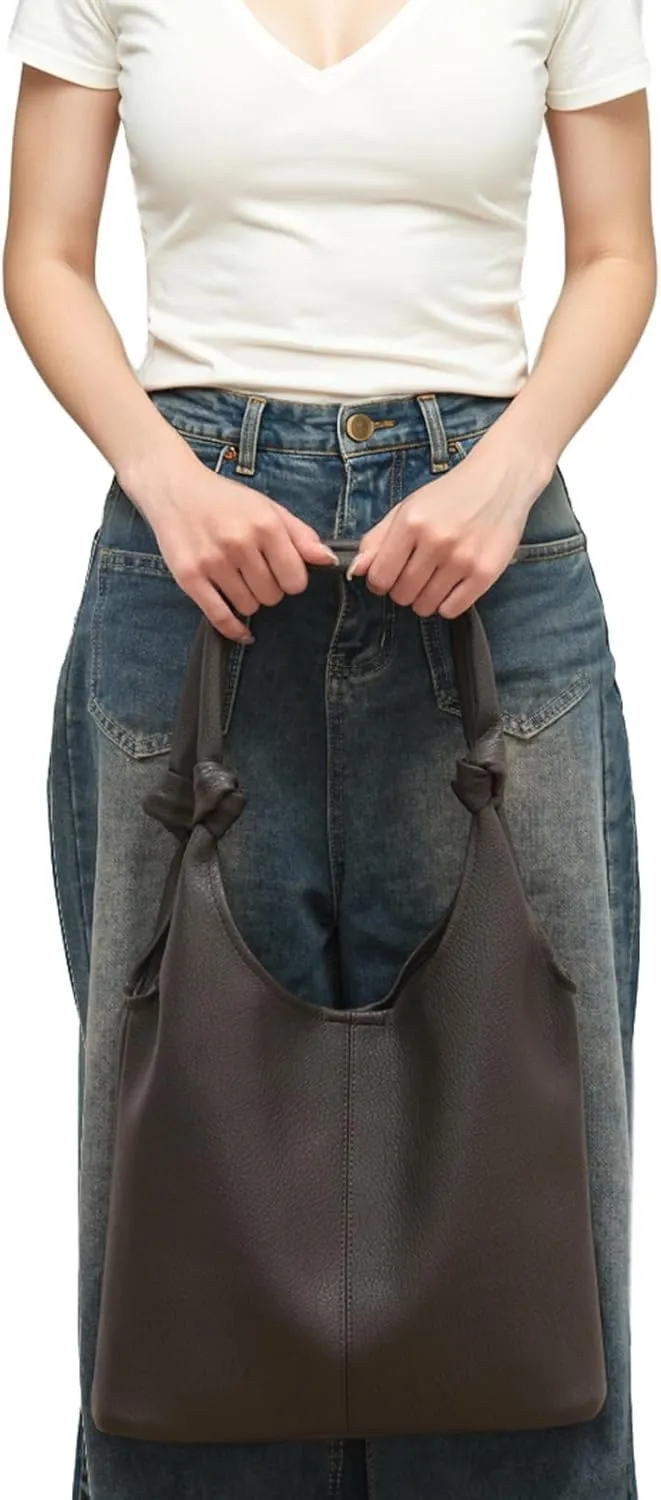 Vegan Leather Hobo Purses set, Slouchy Shoulder Bag Knotted Hobo Bags for Women with a small Purse and Clutch Handbag