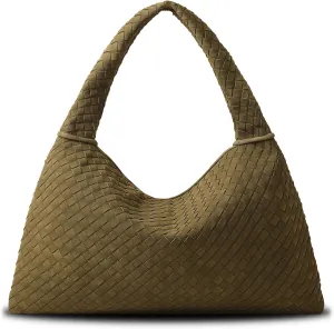 Vegan Leather Woven Tote, Vintage Suede Hobo, Suede Woven Purse, Large Leather Shoulder Bag Braided Hobo
