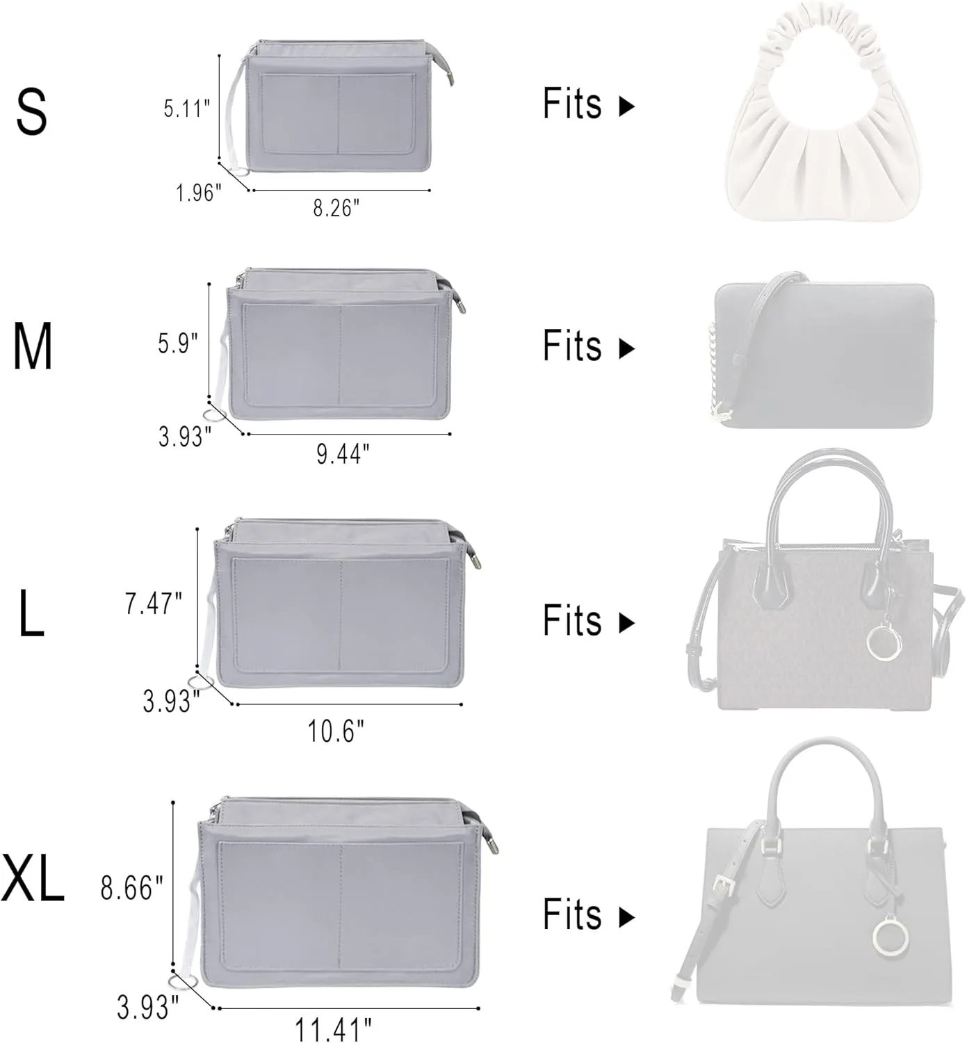 Vercord Purse Organizer Insert with Zipper for Women Hobo Handbags Shaper Insert 12 Pockets Bag Grey Small