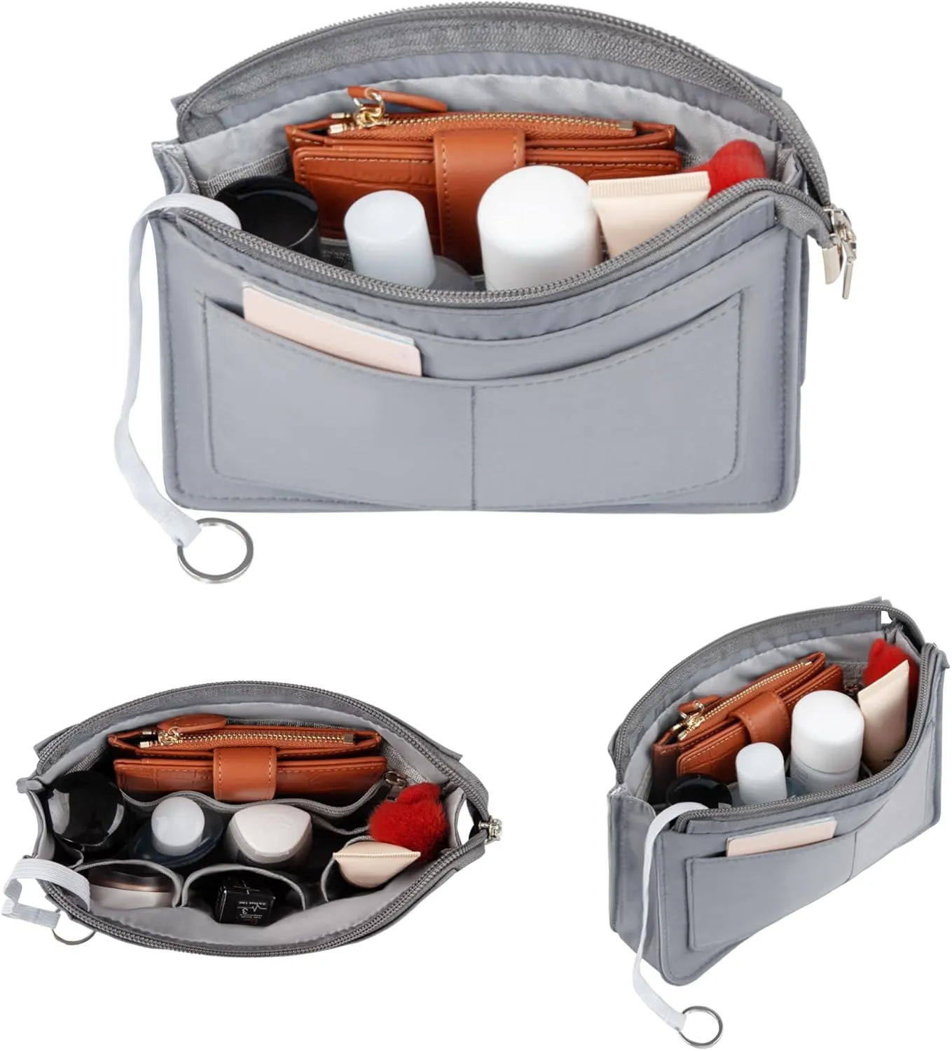 Vercord Purse Organizer Insert with Zipper for Women Hobo Handbags Shaper Insert 12 Pockets Bag Grey Small