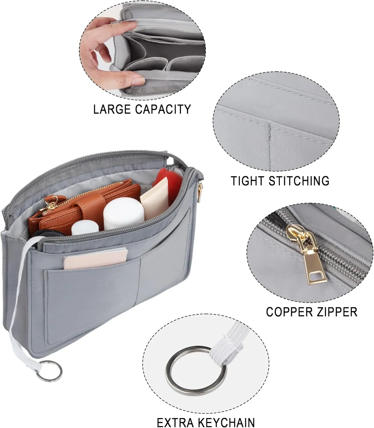 Vercord Purse Organizer Insert with Zipper for Women Hobo Handbags Shaper Insert 12 Pockets Bag Grey Small