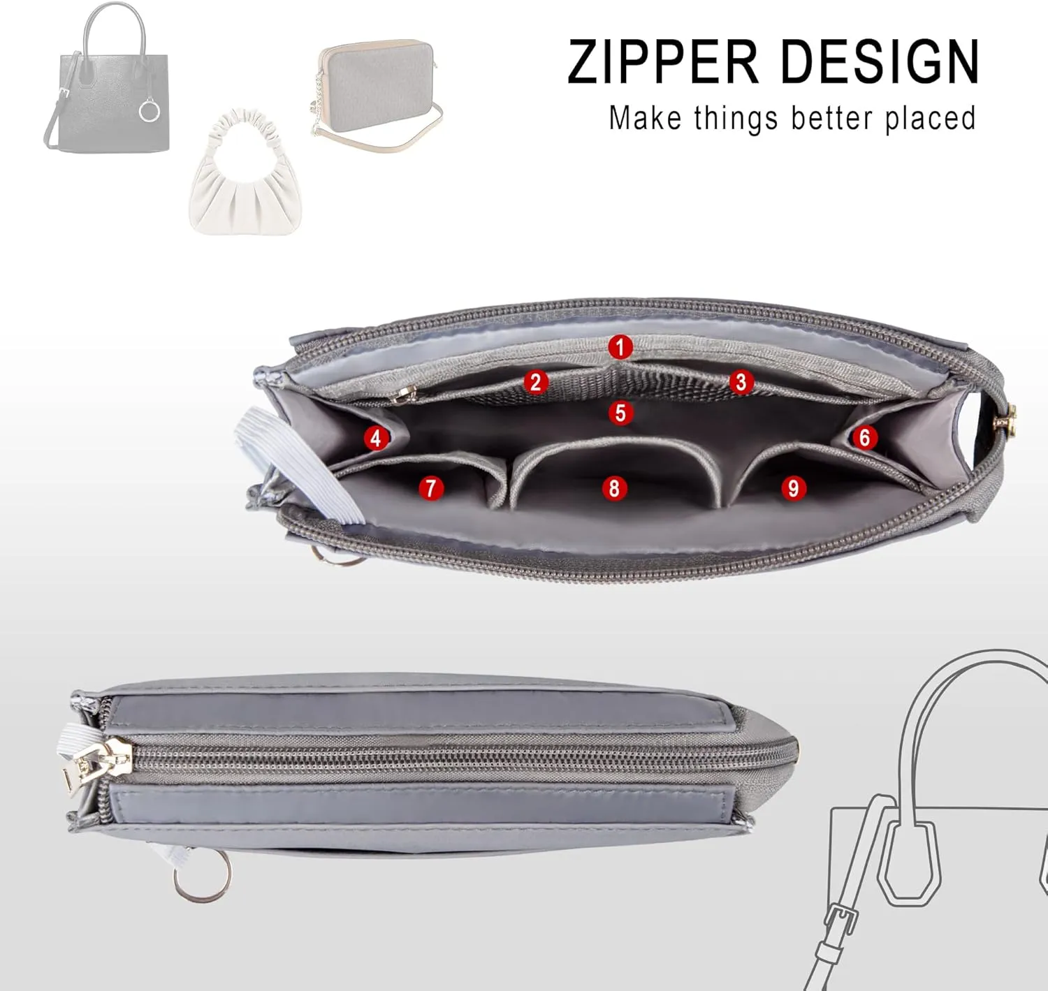 Vercord Purse Organizer Insert with Zipper for Women Hobo Handbags Shaper Insert 12 Pockets Bag Grey Small