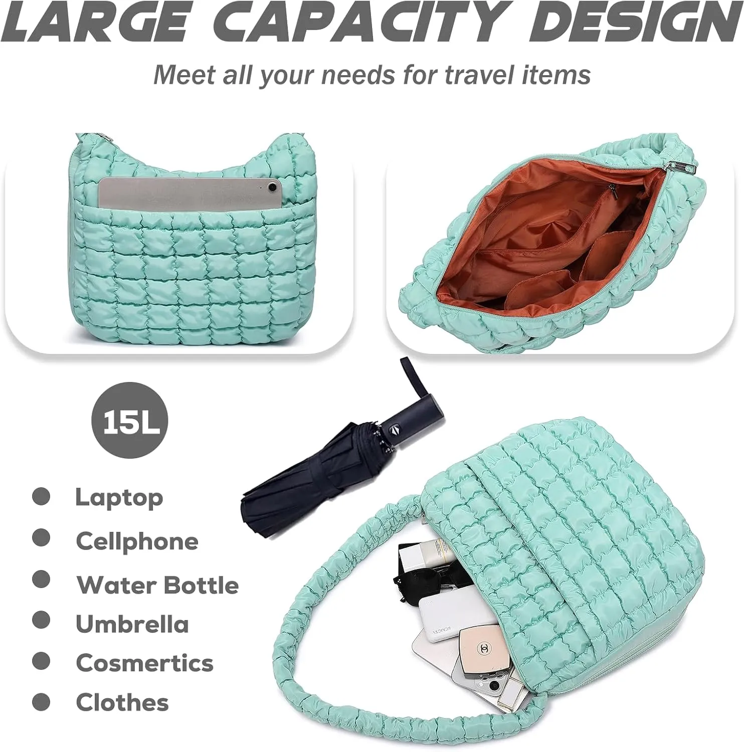 VH&GRED Puffer Quilted Carryall Bag Large Padding Tote Lightweight Crossbody Purse Casual Hobo Handbag for Women