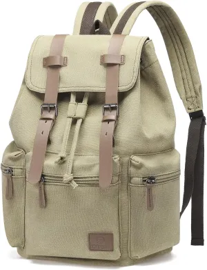 Vintage Canvas Backpack for Men & Women, Durable Casual Daypack with Leather Accent, Fits for College, Work, Travel, & Outdoor, Khaki