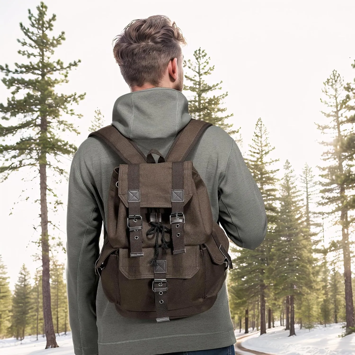Vintage Canvas Backpack for Men Women, Durable Casual Daypack, Large Capacity Travel Rucksack Fits for Hiking and Daily Use (Coffee)