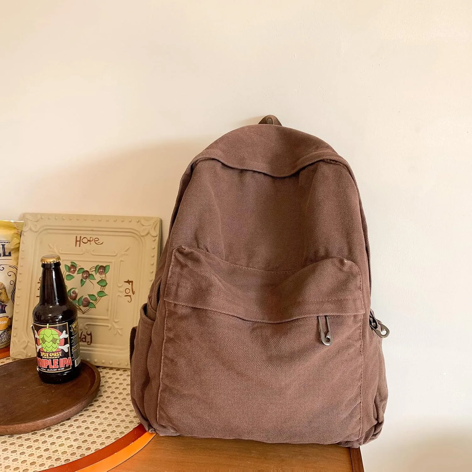 Vintage Canvas Backpack for Women Grunge Hippie Cute Boho School Backpack Casual Y2K Aesthetic Backpack (Coffee)