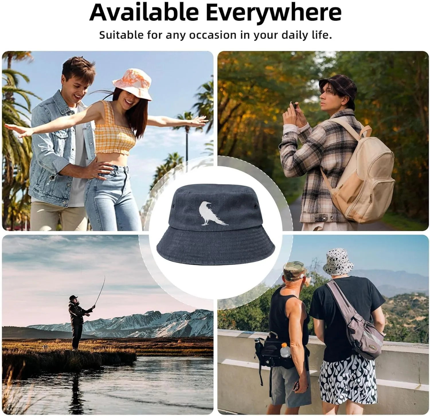 Vintage-Crow-Raven-Black-Bird Outdoors Washed Denim Fisherman Hat Fishing Hat Bucket Hat Cowboy Hat