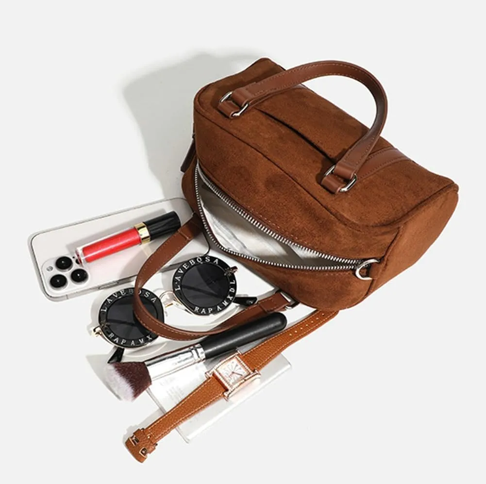 Vintage Matte Suede Shoulder Bag Satchel Purse Boston Bag Crossbody Bag Chic Tote Bag Top-Handle Bags for Women Girls