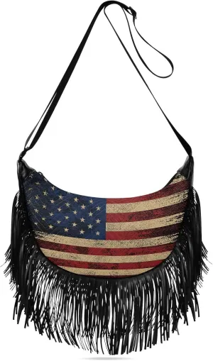 Vintage-usa-flag-pattern Women Tassel Fringe Shoulder bag, Fringe Purse Crossbody, Women Tassel Hobo Bag with Zipper