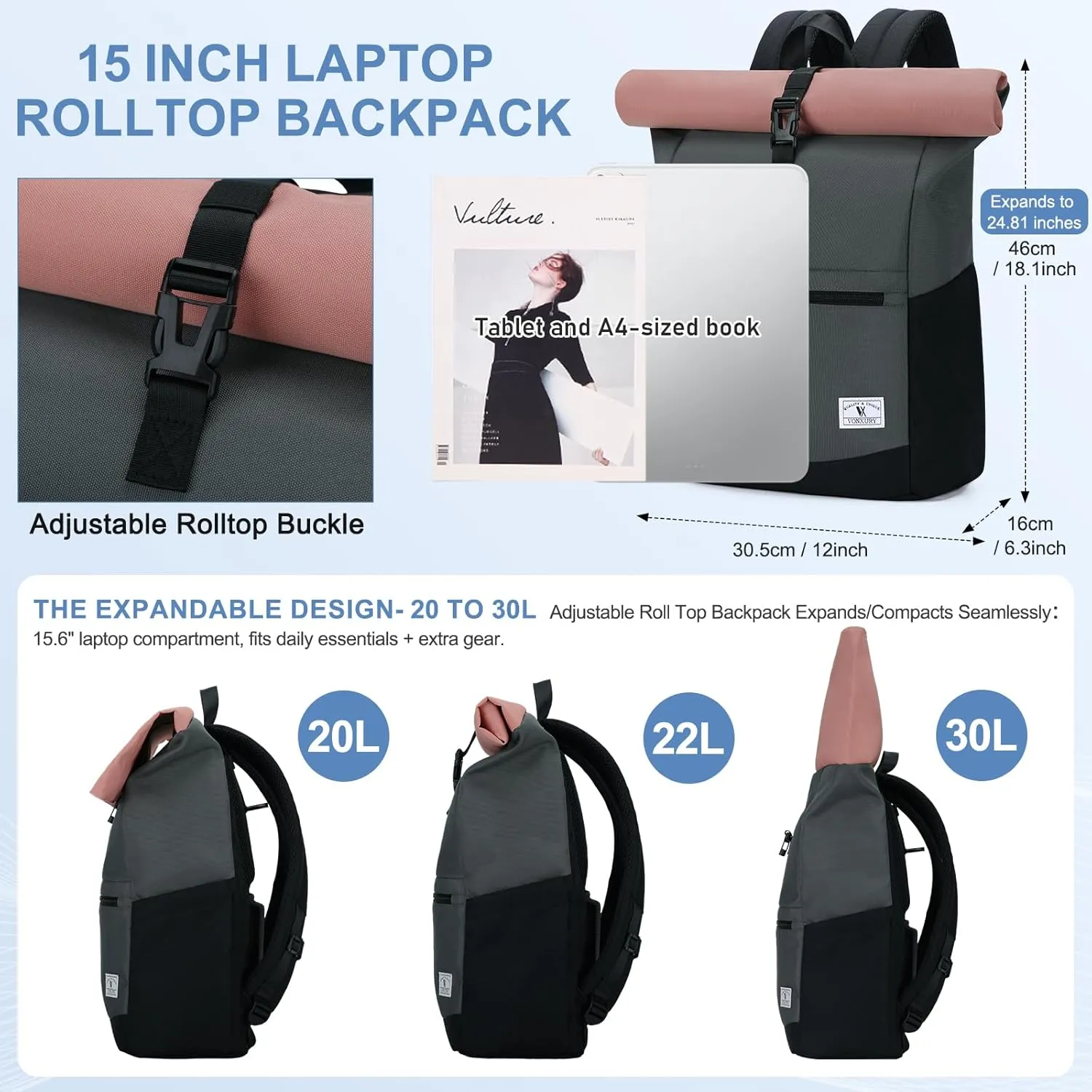 VX VONXURY Roll Top Backpack for Women,15.6 inch Laptop Backpack for Men,Top Open Casual Daypack for Work Travel