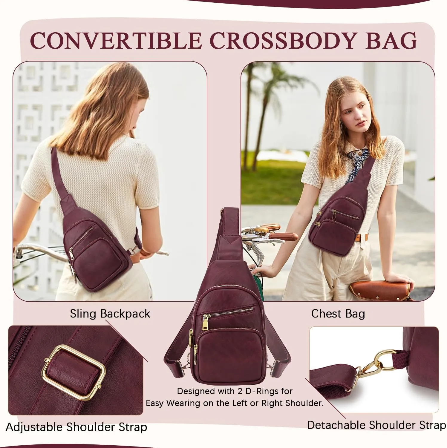 VX VONXURY Sling Bag for Women,PU Leather Crossbody Fanny Packs, Multipurpose Chest Bag with Adjustable Strap