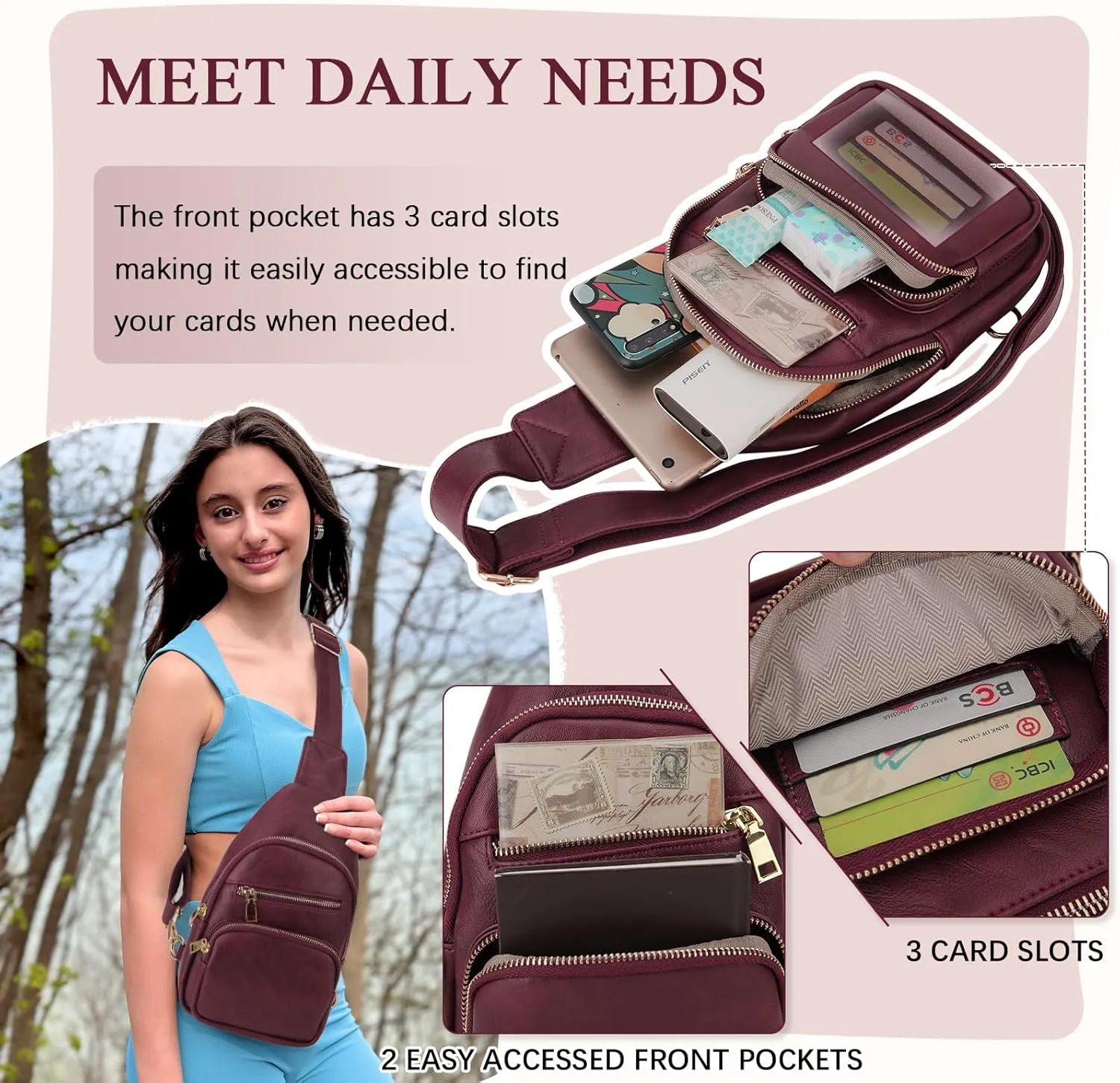 VX VONXURY Sling Bag for Women,PU Leather Crossbody Fanny Packs, Multipurpose Chest Bag with Adjustable Strap