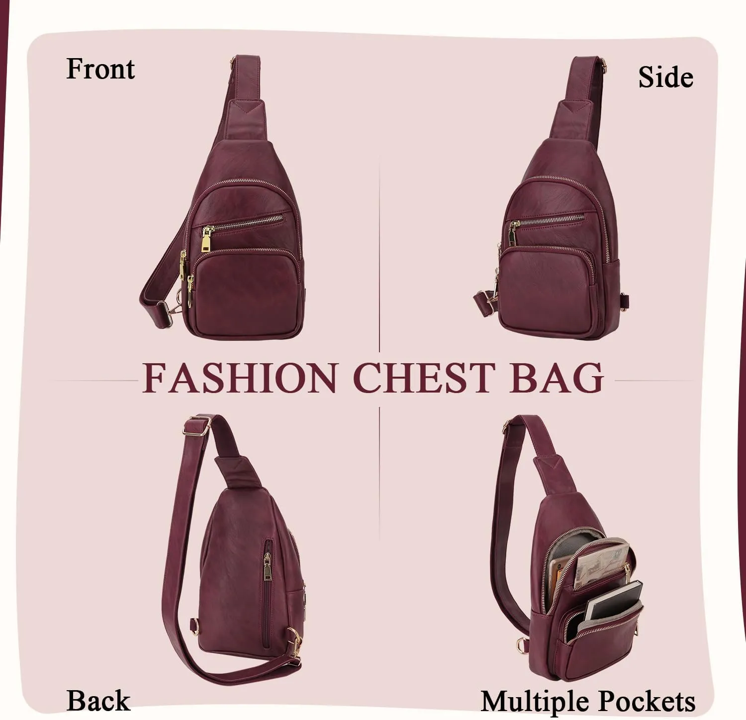 VX VONXURY Sling Bag for Women,PU Leather Crossbody Fanny Packs, Multipurpose Chest Bag with Adjustable Strap