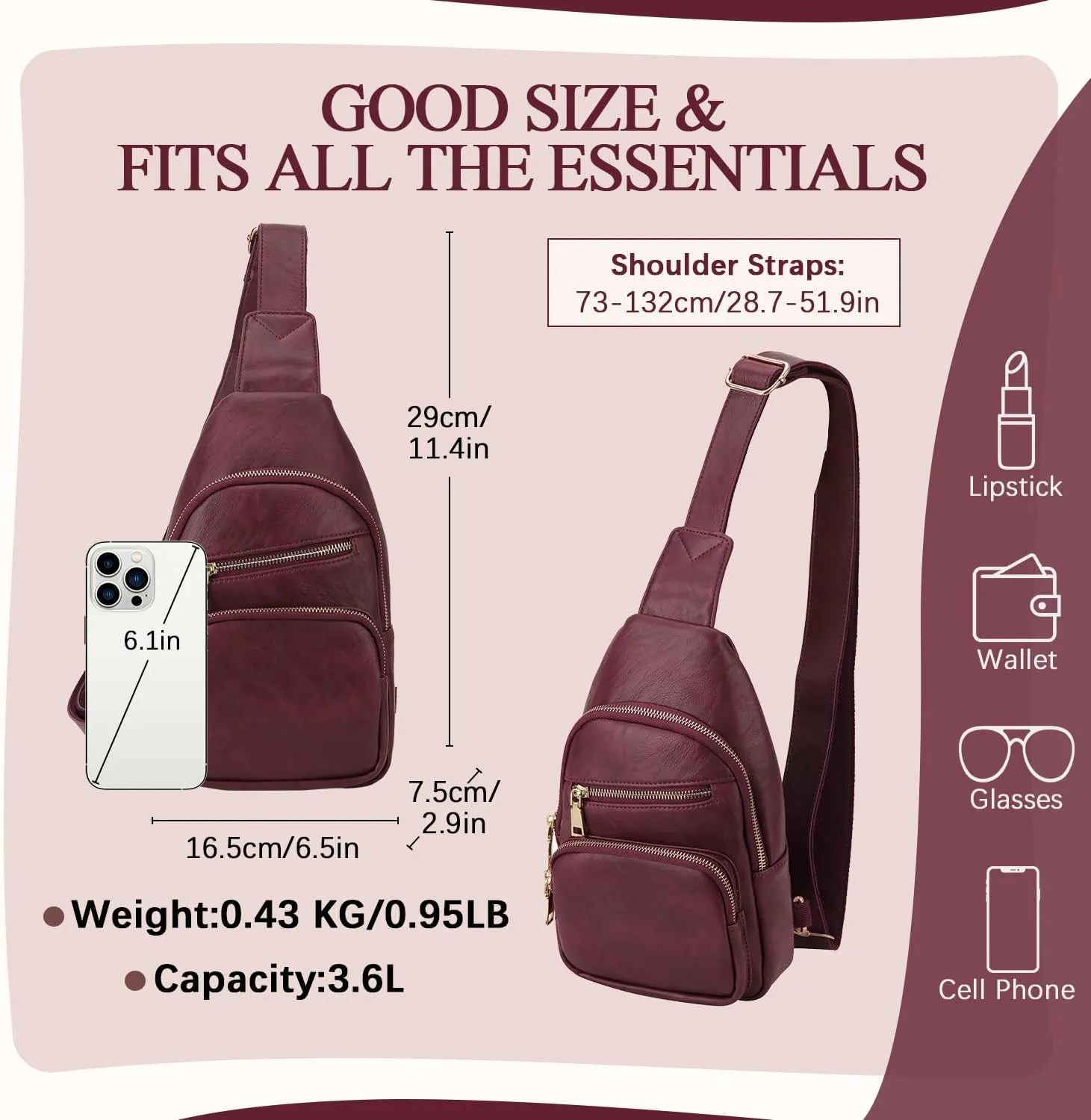VX VONXURY Sling Bag for Women,PU Leather Crossbody Fanny Packs, Multipurpose Chest Bag with Adjustable Strap