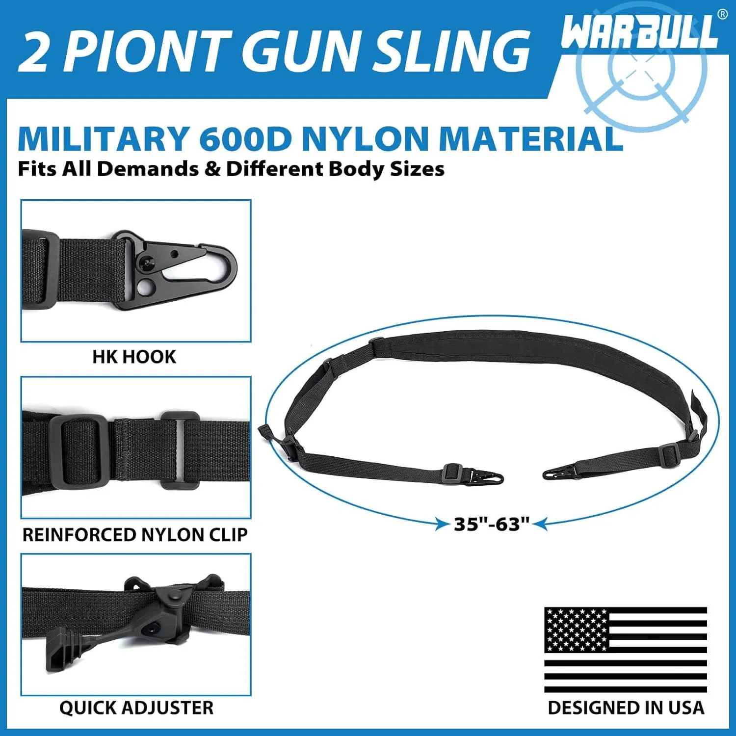 WarBull 2 Point Rifle Sling, QD Swivel Quick Adjust Gun Sling with HK Hook, Soft Shoulder Pad Tactical Rifle Sling for Rifle Shotgun and Crossbow, Hunting and Outdoor Sports with Keychain Gift