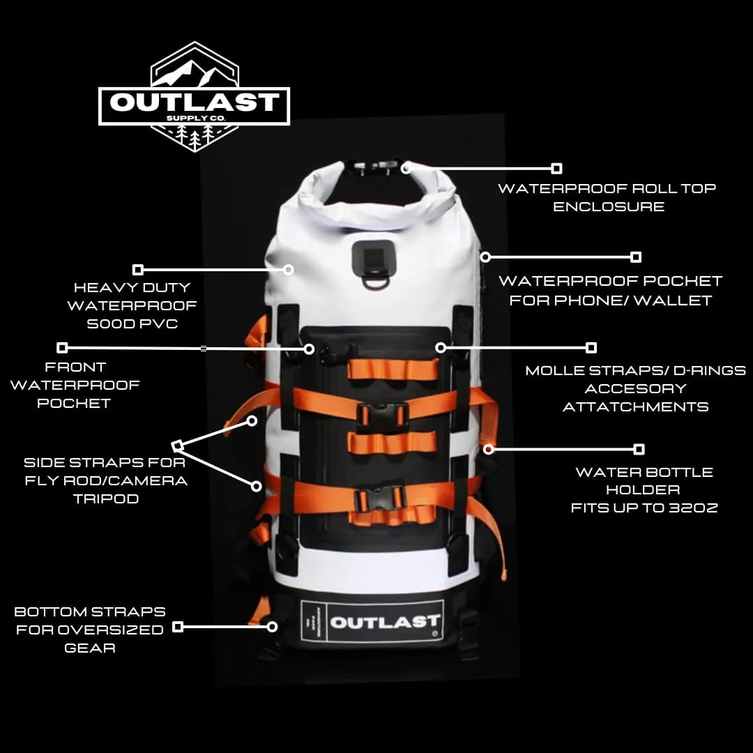 Waterproof Backpack 40L Roll Top Enclosure Dry Bag Fishing Backpack, Hiking,Camping Adventure Ready (White)
