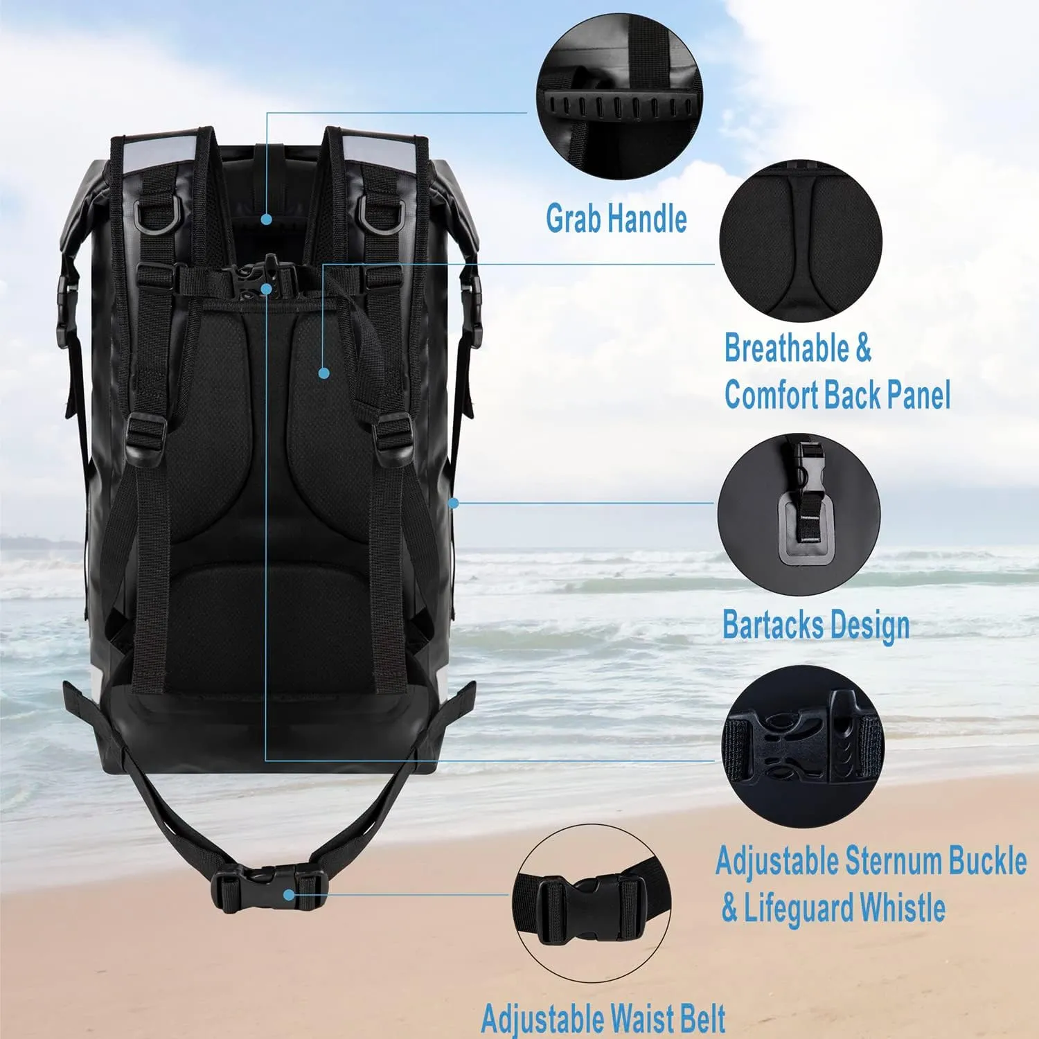 Waterproof Backpack Waterproof Bag Dry Bags 30L Roll Top Closure Travel Bags For Kayaking Camping Boating Hiking Beach (Black)