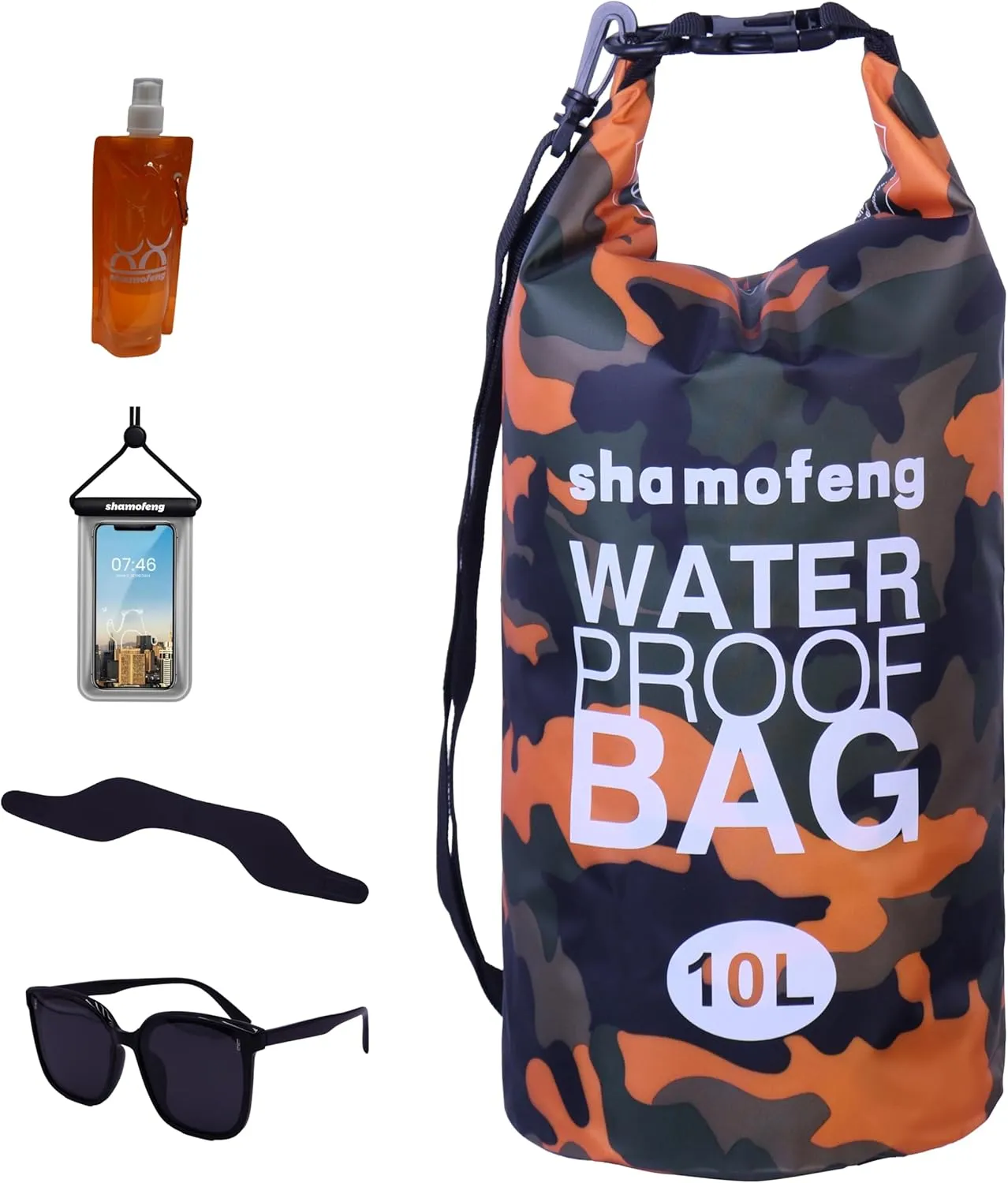 Waterproof Dry Bag Combo 5-30L Roll Top Dry Storage Bag Backpack for Kayaking Boating Beach Camping Travel Fishing, w/Phone Case & Collapsible Water Bottle & Sunglasses & Ear Band,Orange 15L
