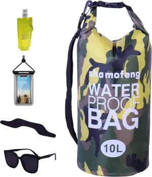 Waterproof Dry Bag Combo 5-30L Roll Top Dry Storage Bag Backpack for Kayaking Boating Beach Camping Travel Fishing, w/Phone Case & Collapsible Water Bottle & Sunglasses & Ear Band,Yellow 15L