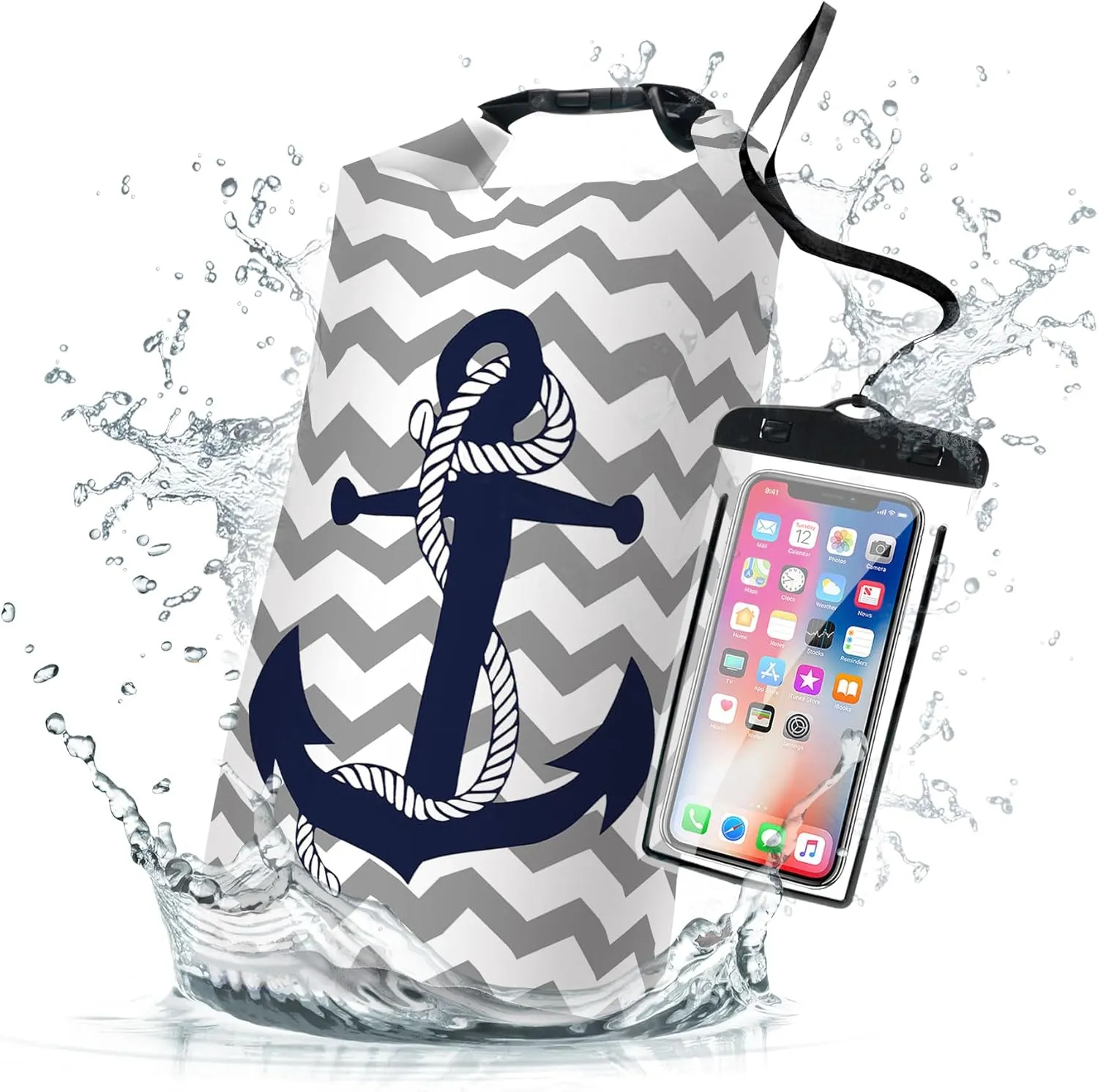 Waterproof Dry Bag Marine Dry Bags for Kayaking Hiking Anchor Nautical Navy Blue Gray Striped Backpack Roll-Top Closure Bag - Backpack Waterproof Phone Case 5L