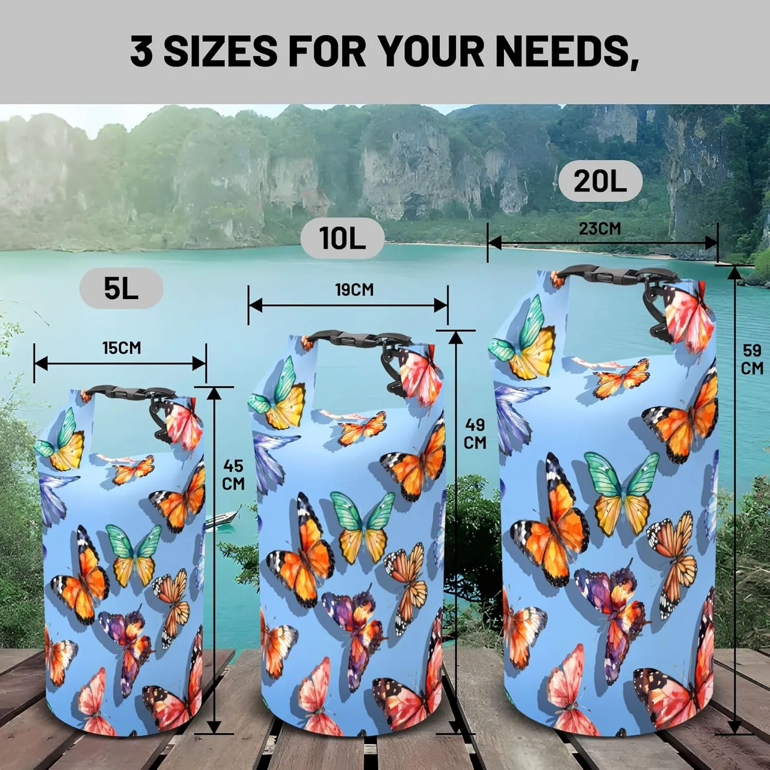 Waterproof Dry Bag,Roll Top Butterflies Waterproof Backpack 5L/10L/20L Floating and Lightweight Bags for Kayaking, Boating, Fishing, Swimming and Camping